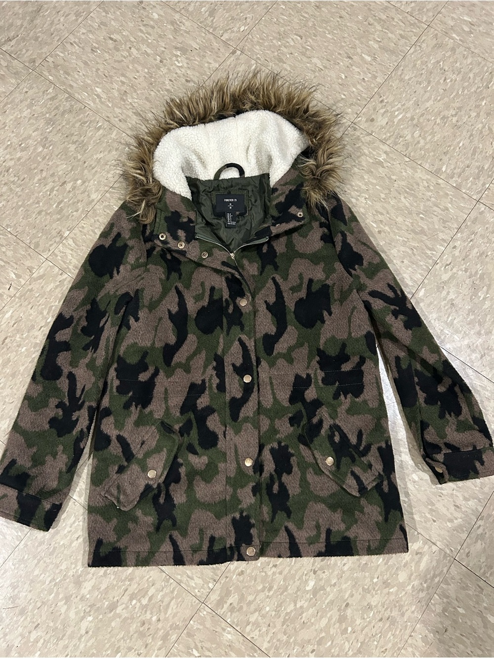 Forever 21 Camouflage Hooded Parka Jacket with Faux Fur Trim